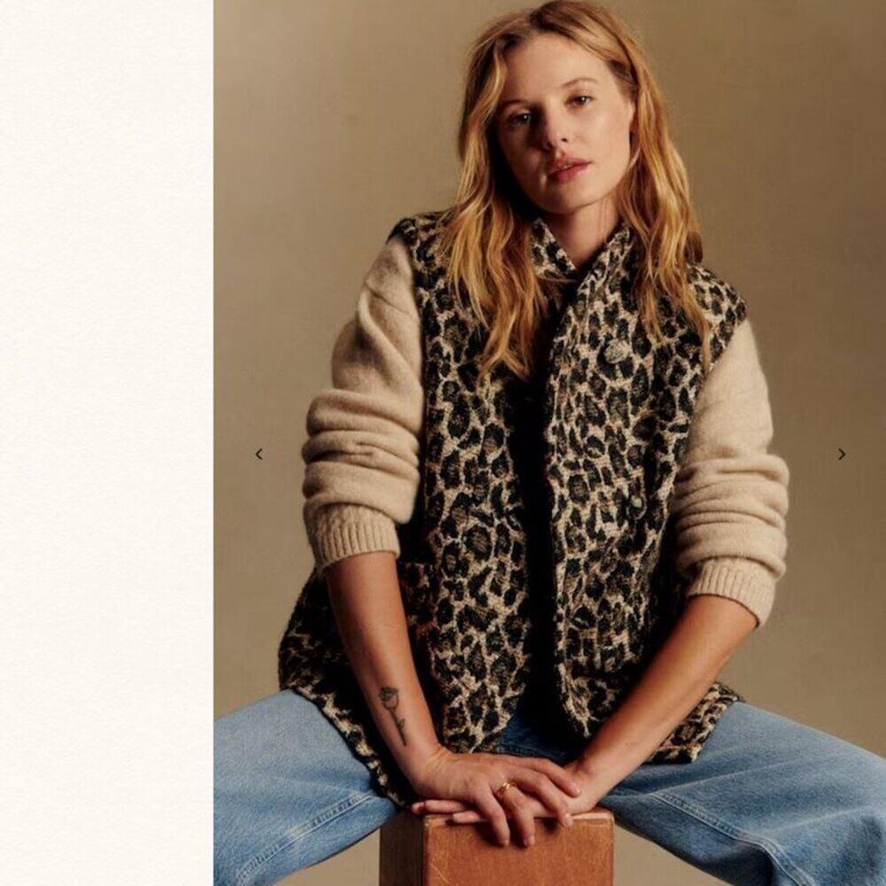 NEW Sezane Carlo Wool Vest  Sz FR 36 / US S Jacquard Leopard Sleeveless Coat